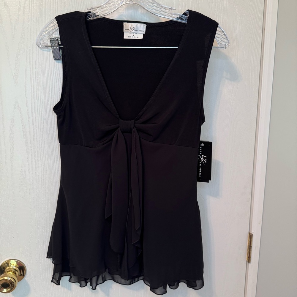 Vintage Black V Neck Sleeveless Top with Tie Detail Retro Style Size Medium